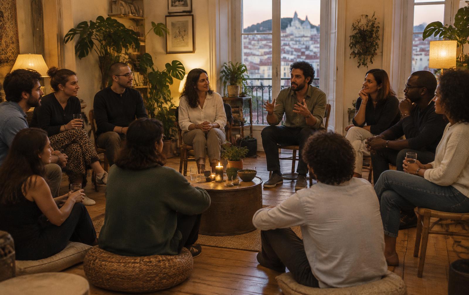 Placeholder: a circle of people talking in a warm Lisbon room — replace with real session photos